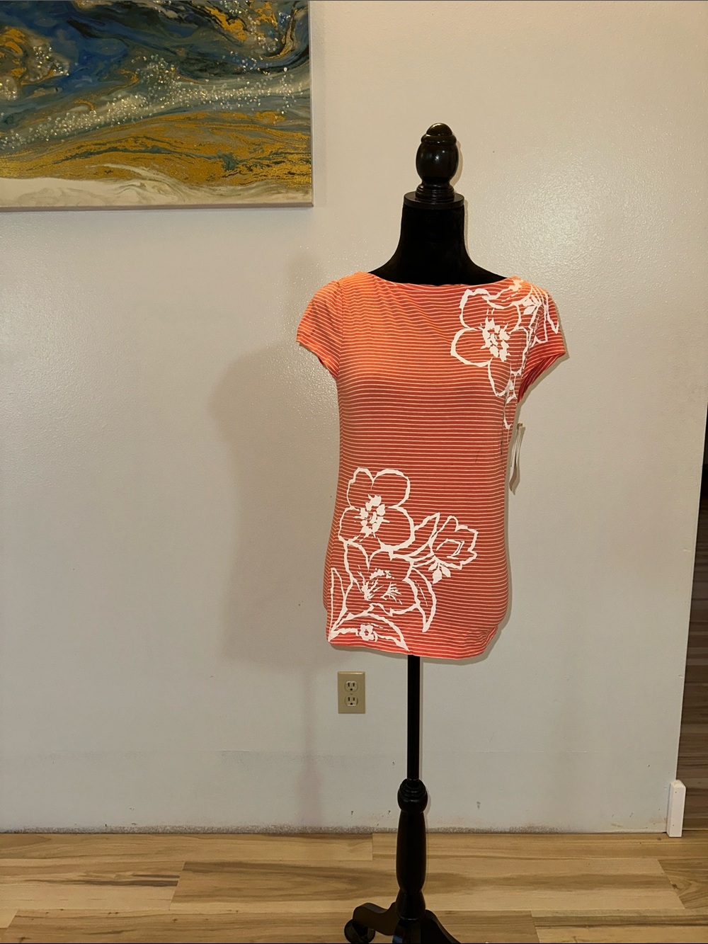 Jones New York Coral & White Striped Floral Cap-Sleeve Tee